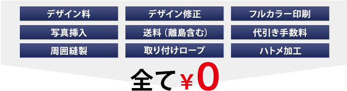 全て¥0 デザイン料、デザイン修正、フルカラー印刷、写真挿入、送料(離島含む)、代引き手数料、周囲縫製、取り付けロープ、ハトメ加工